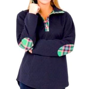 Seaside Allure Quilted Pullover Jacket Snap Collar Navy Blue Plaid Cotton/Poly L